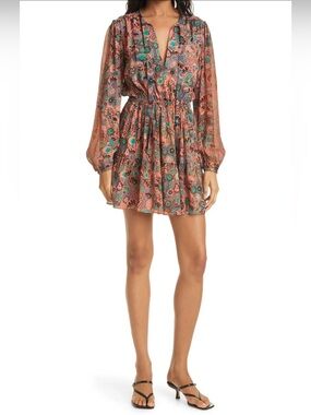 A.L.C. Boho Floral V-Neck Long Sleeve Mini Dress in Rust